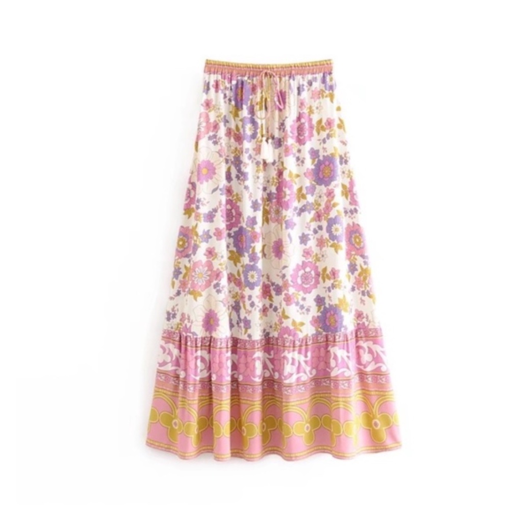 Waverly Boho Pink Floral Print Off Shoulder Crop top Maxi Skirt Set - Picture 7 of 16